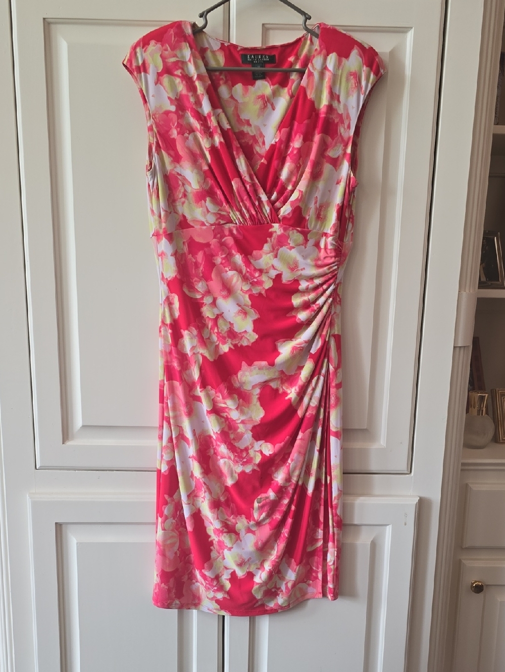 Lauren Ralph Lauren Coral Pink Floral Faux-Wrap Midi Dress